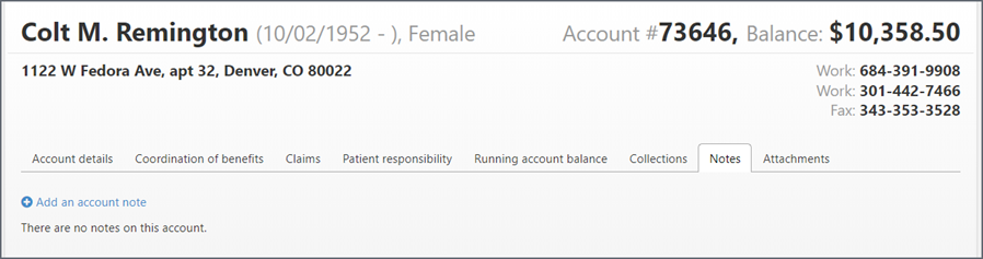 On the Accounts page, enter a note about the account. If you want to add a note for the claim, go to the Claim page.